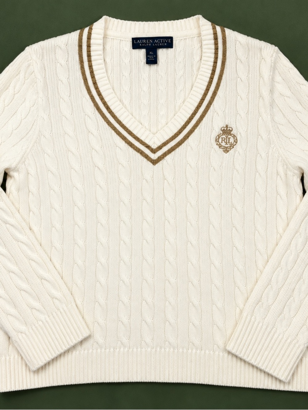 Ralph Lauren Active White V-Neck Cable Knit Sweater Gold Crest 100% Cotton Sz L